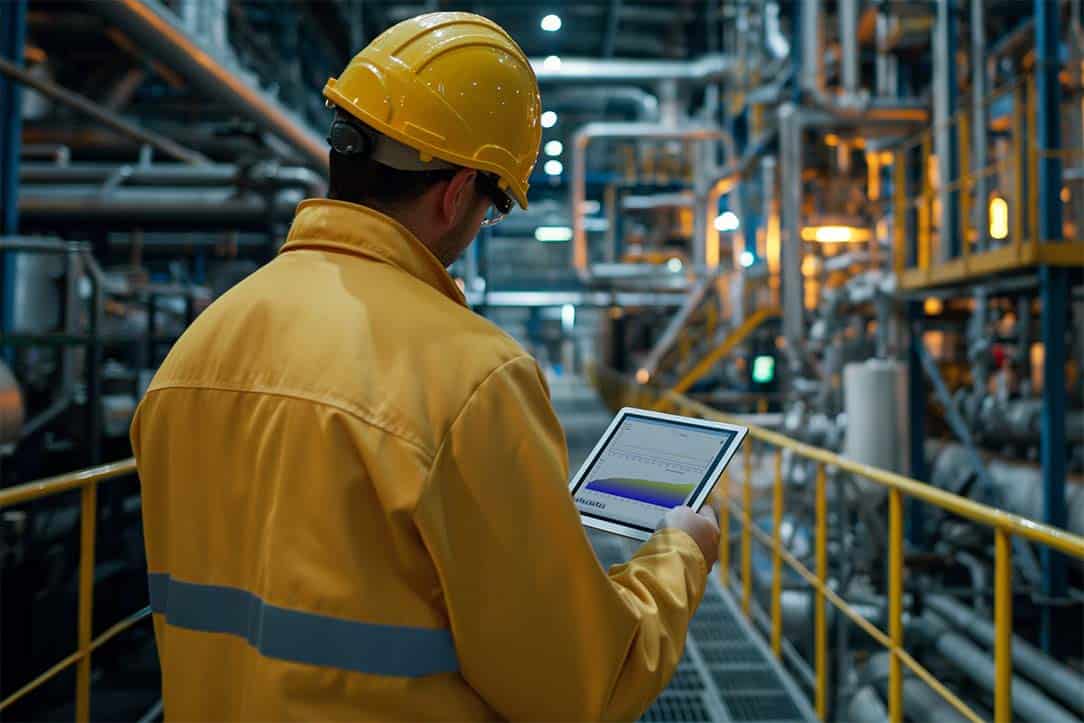 Man in fabriek met machine performance monitoring tablet